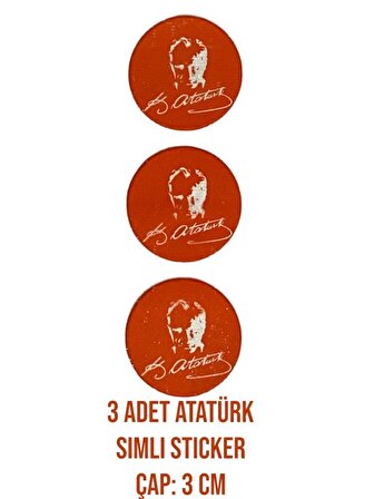 3 Adet Atatürk İmzalı Yapıştırma Sticker - Yapıştırma Atatürk İmzalı 3,5 Cm Çapında Simli Sticker