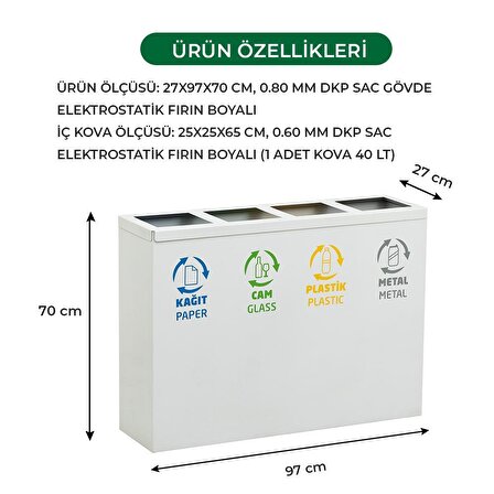 4'lü Metal Sıfır Atık Kutusu Geri Dönüşüm Çöp Kovası + Pil Kutusu