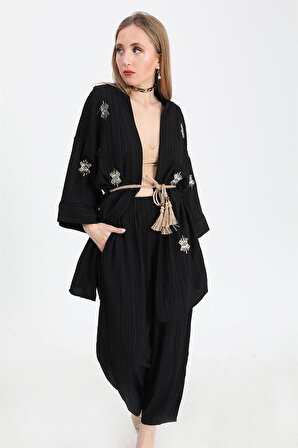 Keten Kimono Takım Göz Nakışlı - Siyah