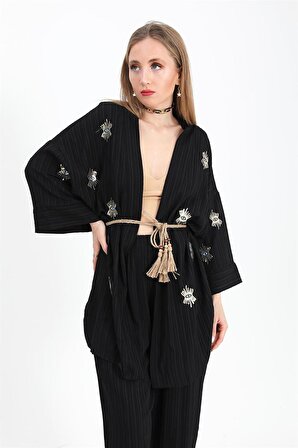 Keten Kimono Takım Göz Nakışlı - Siyah