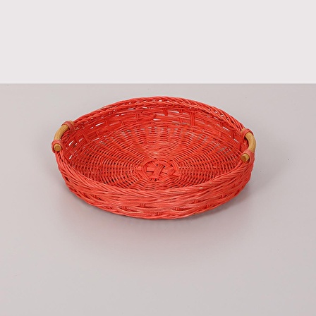 Kulplu Kırmızı Rattan Tepsi, Tasarım Kahve Çay Sunum Tepsisi, Dekoratif Yuvarlak Hasır Tepsi 30x5cm