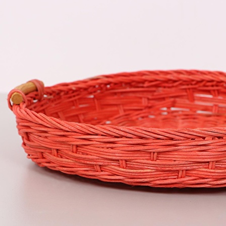 Kulplu Kırmızı Rattan Tepsi, Tasarım Kahve Çay Sunum Tepsisi, Dekoratif Yuvarlak Hasır Tepsi 30x5cm