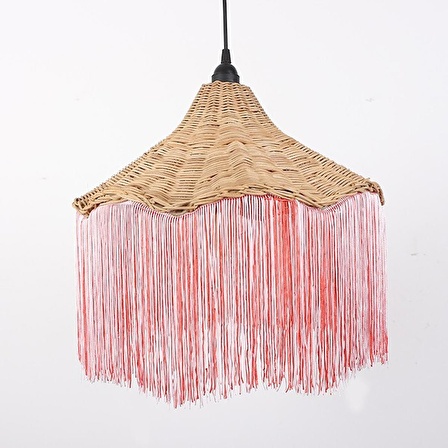 Japandi Bohem İskandinav Dekoratif Bambu Rattan Doğal Pembe Saçaklı Aydınlatma Sarkıt Avize 40x35cm