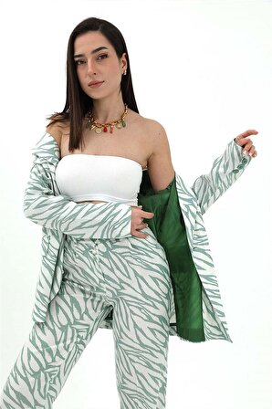 Zebra Desen Oversize Keten Ceket - Mint Yeşili