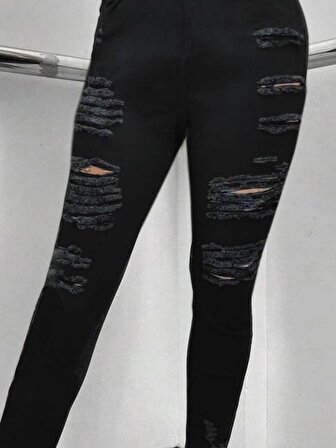 Kadın Yüksek Bel Slim Fit Lazer Kesim Yırtık Detaylı Kot Pantolon/ Jean