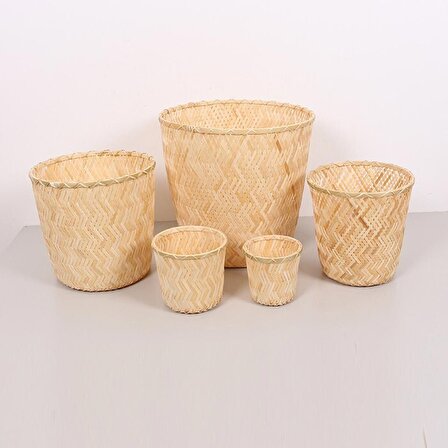 Japandi Bohem Doğal Bambu & Rattan El Örmesi Handmade Dekoratif Sepet, Saksı, Çiçeklik 5 li Set