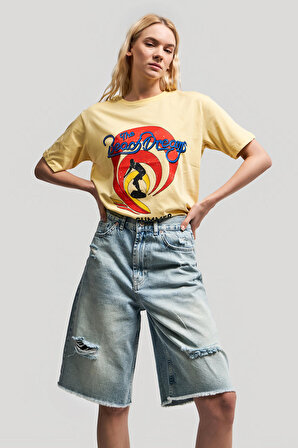 Kadın Sarı Renk Ön ve Arka Baskılı Oversize Retro T-shirt