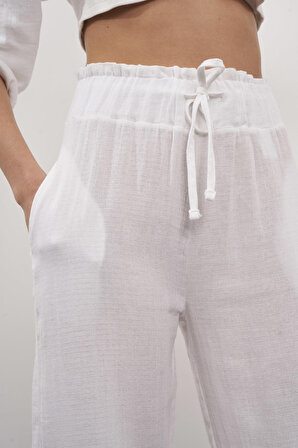 Kadın Beyaz Renk Yazlık Keten Kumaş Jogger Fit Pantolon