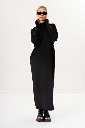 Kadın Siyah Renk Yırtmaç Detaylı Cepli Bol Kesim Uzun Elbise