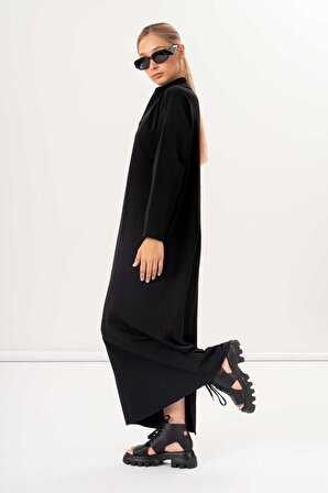 Kadın Siyah Renk Yırtmaç Detaylı Cepli Bol Kesim Uzun Elbise