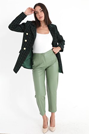 Chanel Kumaş Omuzları Vatkalı Ekose Desen Blazer Ceket - Yeşil