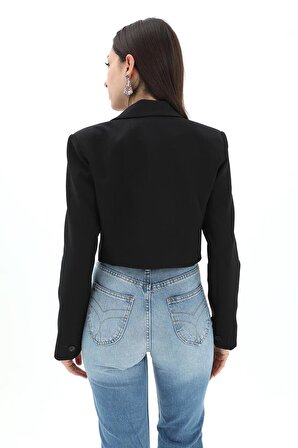 Çift Peto Cepli Kısa Crop Blazer Ceket - Siyah