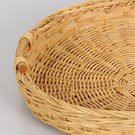 Kulplu Doğal Rattan Tepsi, Tasarım Kahve Çay Sunum Tepsisi, Dekoratif Yuvarlak Hasır Tepsi 30x5cm