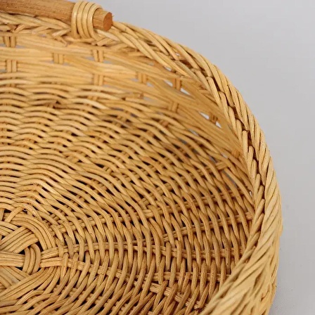 Kulplu Doğal Rattan Tepsi, Tasarım Kahve Çay Sunum Tepsisi, Dekoratif Yuvarlak Hasır Tepsi 30x5cm