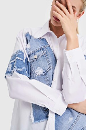Kadın Beyaz Renk Denim Karışımlı Oversize Tasarım Gömlek