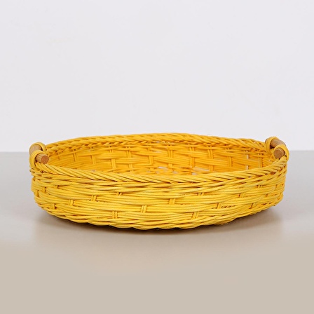 Kulplu Sarı Rattan Tepsi, Tasarım Kahve Çay Sunum Tepsisi, Dekoratif Yuvarlak Hasır Tepsi 30x5cm