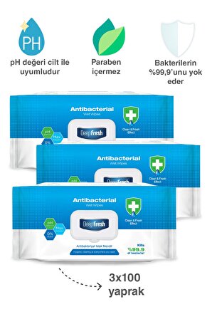 Deep Fresh Antibakteriyel 3 x 100 Yaprak 3 Paket Islak Mendil