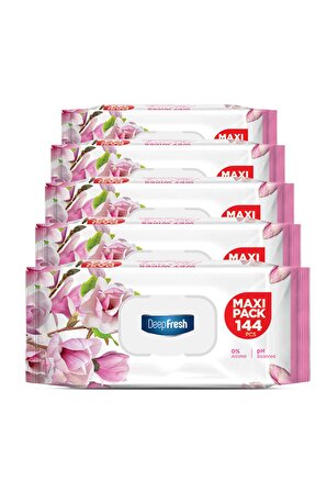 Deep Fresh Maxi Pack Manolya Alkolsüz 5 x 144 Yaprak 5 Paket Islak Mendil