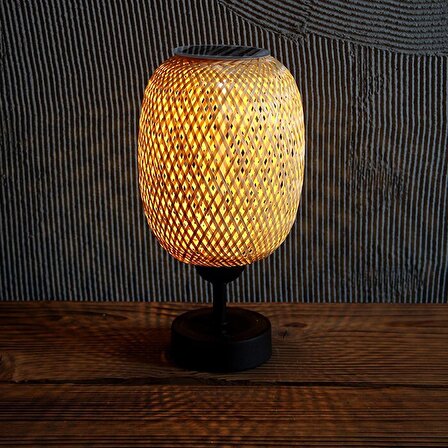 Bambu&Rattan Dekoratif Siyah Ayaklı ve Bej Şapkalı Güneş Enerjili Solar Lamba Aydınlatma 26x15cm