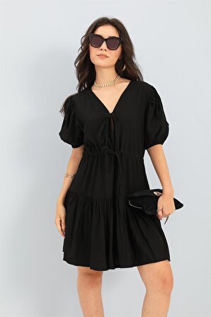 Elbise Balon Kol Beli Büzgülü - Siyah