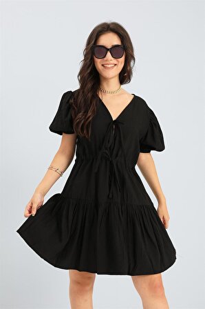 Elbise Balon Kol Beli Büzgülü - Siyah