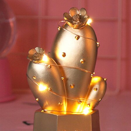 Led Işıklı Sevimli Kaktüs Dekoratif Masa Lambası Mini Biblo Gece Lambası Gold (4401)