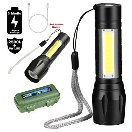 2500 Lumens + 5W COB LED USB Lion Şarjlı Ultra Güçlü Q5 XPE Su Geçirmez Şarjlı El Feneri (4401)