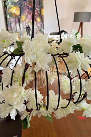 Japon Kiraz Çiçeği Dekorlu Elips Tel Aydınlatma Siyah Sarkıt Tekli Avize, Salon-Led Avize 30x60x60cm