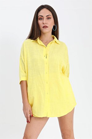 Pamuk Keten Şort Gömlek Kadın İkili Takım - Sarı