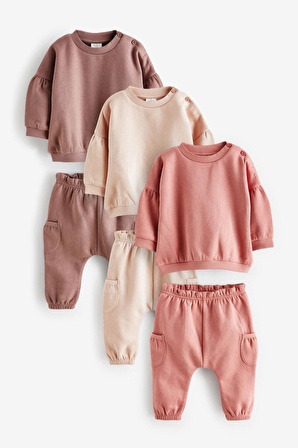 % 100 Pamuklu Pembe Sweatshirt Jogger 3’lü Set