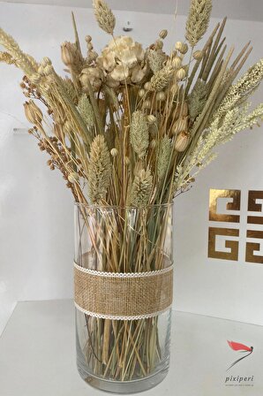 Cam Vazo Seti Dekoratif Çiçek Aranjmanı Kuru Çiçek Cipso Pampas Sevgiliye Hediye Mini Dekoratif Vazo