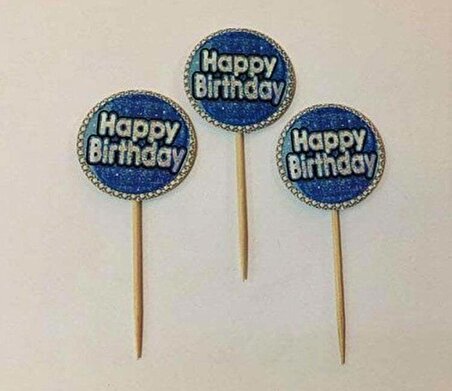 Parti Aksesuar Mavi Gümüş Renk Happy Birthday Kürdan Süs 20 Adet