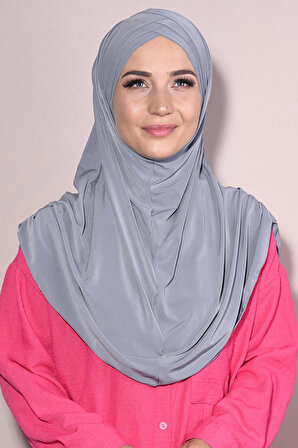 Hazır 3 Bantlı Tesettür Pileli Hijab Gri - Gri