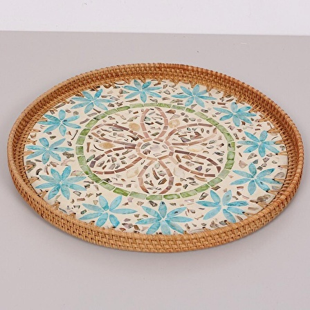 Kahve Sunum Tepsisi, Yeşil-Mavi Çiçekli Sedef Seramik Rattan Tepsi, Hasır Çay Tepsisi 40x3cm