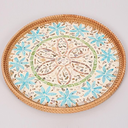 Kahve Sunum Tepsisi, Yeşil-Mavi Çiçekli Sedef Seramik Rattan Tepsi, Hasır Çay Tepsisi 40x3cm