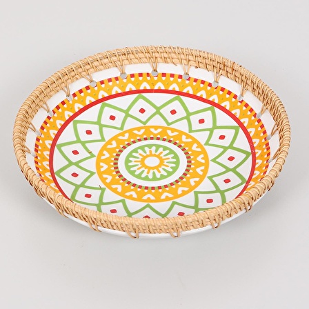 %100 El Yapımı Doğal Rattan Çerçeveli Geometrik Desenli Dekoratif Tabak&Kase 3lü Set