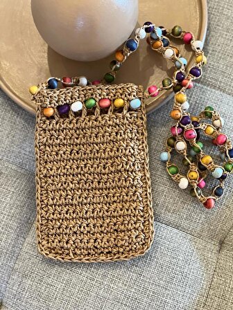 Bohem, İskandinav Hasır Dolgulu El Örgüsü Crochet Boncuk Askılı Kadın Omuz Telefon Çantası-Yazlık