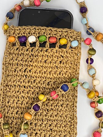 Bohem, İskandinav Hasır Dolgulu El Örgüsü Crochet Boncuk Askılı Kadın Omuz Telefon Çantası-Yazlık