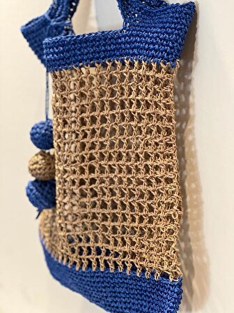 Bohem,İskandinav Hasır Dolgulu El Örgüsü Crochet Ponpon Süslü Mavi Askılı Kadın Omuz Çantası-Yazlık