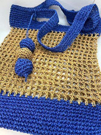 Bohem,İskandinav Hasır Dolgulu El Örgüsü Crochet Ponpon Süslü Mavi Askılı Kadın Omuz Çantası-Yazlık