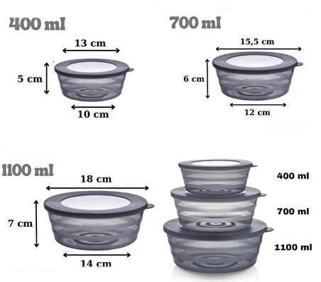 Saklama Kabı 3'lü Set Füme Saklama Kabı Seti & Yuvarlak Saklama Kabı Seti (400/700/1100 ml)