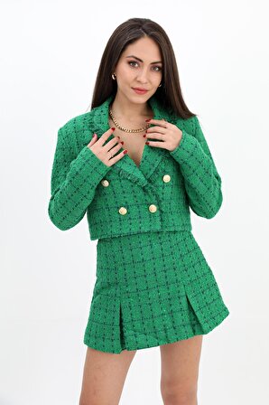 Püskül Detaylı Kruvaze Yaka Chanel Kısa Ceket - Yeşil