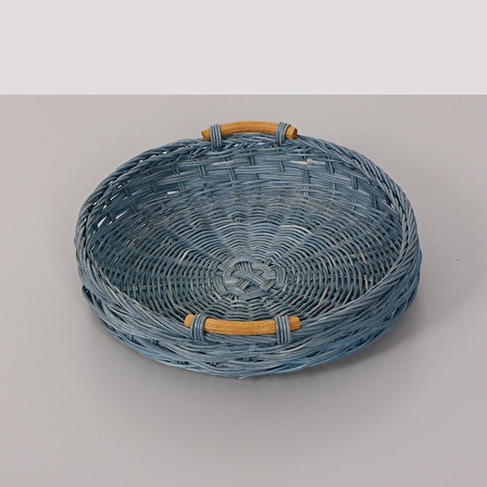 Kulplu Gri Rattan Tepsi, Tasarım Kahve Çay Sunum Tepsisi, Dekoratif Yuvarlak Hasır Tepsi 30x5cm