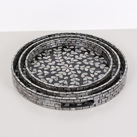 Bohem Dekoratif Siyah Gri Yaprak Desenli Sedefli Mozaik Yuvarlak Sunum Tepsi 30x3.5 cm