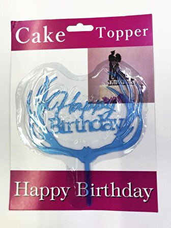 Parti Malzemeleri Happy Birthday Yazılı Mavi Dallı Pasta Kek Çubuğu