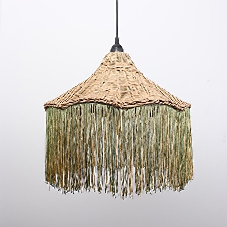 Japandi Bohem İskandinav Dekoratif Bambu Rattan Doğal Yeşil Saçaklı Aydınlatma Sarkıt Avize 40x35cm