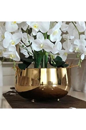Büyük Gold Metal Orkide Saksısı Vazo / Çiçekler Görsel Amaçlı Kullanılmıştır.