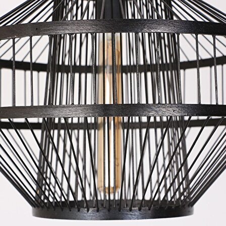 Bambu & Rattan Salon Yatak Odası Antre Ahşap Sarkıt Tekli Siyah Avize Tasarım Aydınlatma 40x30cm