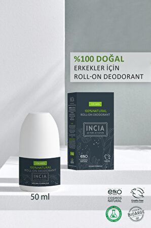 INCIA %100 Doğal Roll On Deodorant Erkeler İçin Ter Kokusu Önleyici Lekesiz 50 ml