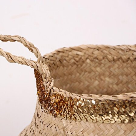 El Yapımı Pullu Katlanabilir Sepet, Bambu Hasır Saksılık, Doğal Dekoratif Sepet Çiçeklik S 27x23cm